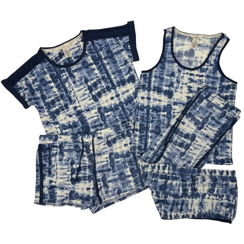 Lucky Brand 4-Piece Blue Tie Dye Lounge Set w/Tank Top, T-shirt, Shorts & Pants